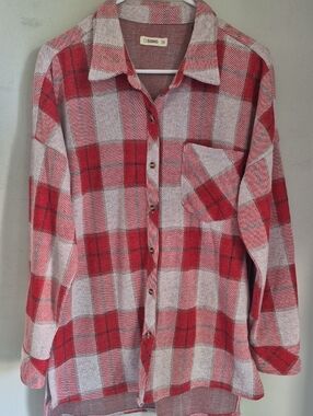 Red & White Plaid Button-Up Soft Flannel Shirt